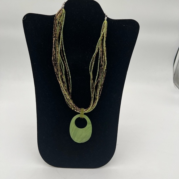 Olive Avocado Green Shell Pendant Multi-Strand Seed Bead Necklace - Boho Mermaid - Picture 1 of 4